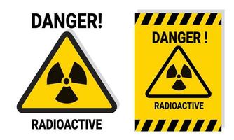 Señales de advertencia de peligro radiactivo para la seguridad laboral o de laboratorio de materiales radiactivos con etiquetas adhesivas amarillas imprimibles para notificación. Ilustración de vector de icono de peligro