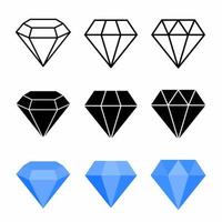 Diamond vector icons. Black, linear and color style. Abstract jewelry gemstones isolated on white. Blue crystals. Jewelry logo design.