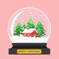 Merry Christmas glass ball with house and pine trees. Vector illustration