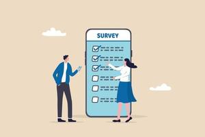 Online survey questionnaire, poll, opinion or customer feedback using internet concept, man and woman using mobile or smartphone to fill in online survey checklist. vector