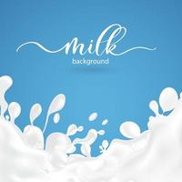 Milk splash background. Realistic milky splashes and drops background of dairy drink or yoghurt on blue background. vector