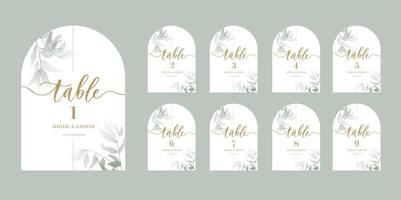 Wedding calligraphy guests seating cards, template with numbers and green leaves. vector