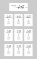 Wedding calligraphy guests seating cards, template with numbers and lettering. vector