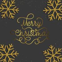 Merry Christmas gold flourish hand drawn calligraphy lettering with 3d snowflake. Vector swash line typography for greeting card design of festive quote Christmas Holiday text.