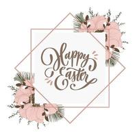 Happy Easter lettering inscription with flowers and brunches. vector