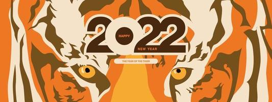 Happy new year vector illustration numbers 2022 modern pattern on tiger face that is staring at you with fierce eyes For designing postcards, posters, brochures, banners.