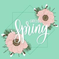 Hola inscripción de letras de primavera con flores. tarjeta de amor con amapolas. vector