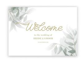 bienvenido a la boda de - cartel caligráfico de boda con acuarela y hojas verdes. vector