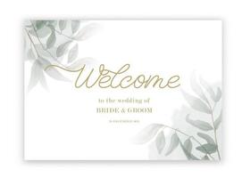 Welcome to the wedding of - wedding calligraphic sign with watercolor and green leaves. vector