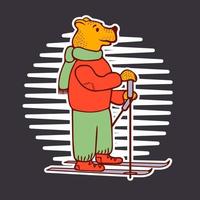 Bear skiing in warm winter clothes. Sweater scarf ski boots patki. on a dark background. Vector illustration.