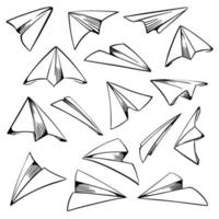 A set of sketch paper airplanes,  hand-drawn, with a pen tool. Isolated on a white background. Vector illustration