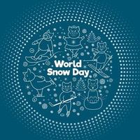 World Snow Day. Picture for the Day of winter sports. Pigs involved in winter sports. Skater, snowboarder, skier, cheesecake, skater, hockey player. Illustration in circle. Vector