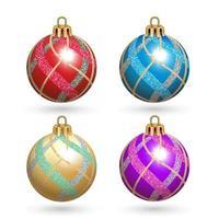 bolas navideñas decorativas con purpurina. conjunto de adornos navideños brillantes en diferentes colores. fondo blanco aislado. vector
