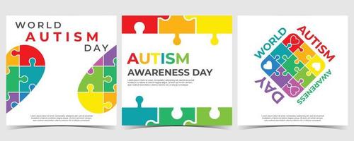 Modern World Autism Awareness Day Social Media Background. Set of 3 Simple Square Vector Flat Style