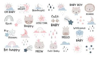 Cute posters with moon, stars, clouds and letterings. Vector prints for baby room, baby shower, greeting card, kids and baby t-shirts and wear. Hand drawn, nursery graphics elements.