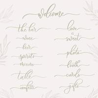 Inscripciones caligráficas de boda: bienvenida, bar, mesa, tarjetas, regalos, foto, stand. vector