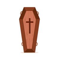 Wooden coffin with handles with a cross. Vector illustration on white background