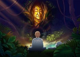 a female arahant monk or female holy monk is meditating in front of the mystery buddha statue that is covered with dense plants in the mysterious forest. vector