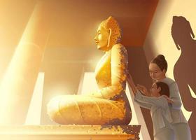 auntie is guiding her granddaughter to gild the gold leaf on buddha statue and teaching her about ancient Thai idiom of gilding behind the Buddha statue. vector