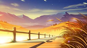una pasarela junto al lago con hermosos paisajes montañosos de fondo en estilo anime vector