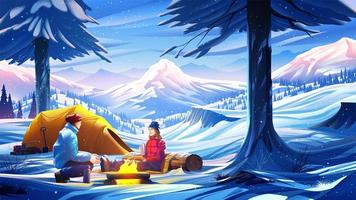 a couple are enjoying their snow camping in a national park vector