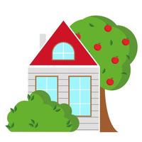 Simple rural wooden house with apple tree and bush vector