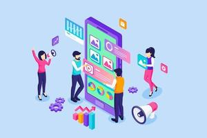 Digital Marketing concept. People work near a giant smartphone and content text place. Content marketing, Optimization, Promotion, Working process, and Teamwork. Isometric Vector Illustration