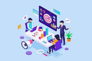Business strategy concept with business people in meetings table. business planning, Marketing and target, consulting, financial and project management. Isometric Vector Illustration