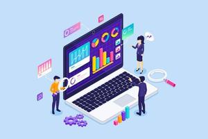 Business team is monitoring charts and diagrams on a big laptop. Business Data Analysis and statistical, Consulting, Financial reports and investments. Isometric Vector Illustration
