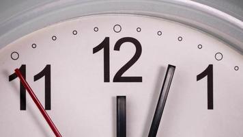 Close up,  A white wall clock with a short hand pointing to the number twelve.  It's lunch time video