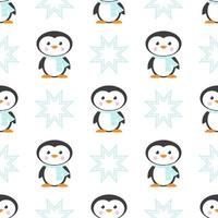 Cute winter seamless pattern with cartoon penguin characters and snow. vector