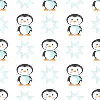 Cute winter seamless pattern with cartoon penguin characters and snow. vector