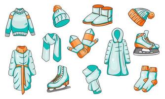 A set of winter things. Collection of warm clothes. Cartoon style. vector