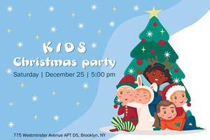 Horizontal banner invitation to children's Christmas party with cartoon cute children near the Christmas tree in festive costumes. vector