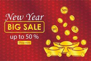 Chinese new year sale landing page template with coins and gold bars on red background with traditional wave ornament vector