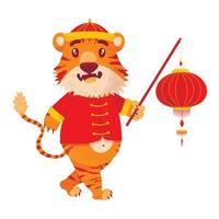 A cute Chinese tiger in national New Year costume carries a lantern. Symbol 2022 vector