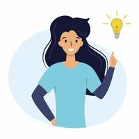 Girl had an idea. Search for solution to the problem. Woman and yellow light bulb. vector