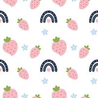 Seamless pattern with cute strawberries and  bright rainbow. Pink background for printing on fabric, textiles and packaging paper. Summer wallpaper in  girl room. vector