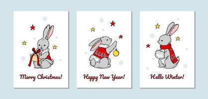 conjunto de tarjetas de felicitación verticales de feliz navidad y feliz año nuevo con lindos conejos. dibujado a mano ilustración vectorial vector