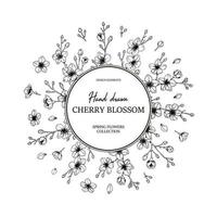 Floral circle frame with hand drawn spring cherry blossom in sketch style. Spring design for cards, banners, letters, invitations. Place for text vector