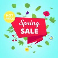 Spring sale vector banner or poster gradient flat style design vector illustration. Huge red ribbon with text SPRING SALE, green leaves and beautiful flowers around isolated on sky background