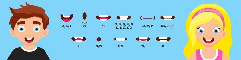 Boy and girl mouth animation with different expressions in flat style vector illustration set.