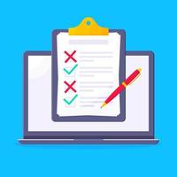 Complete checklist with check marks tick and x popped above the notebook or laptop monitor screen. vector