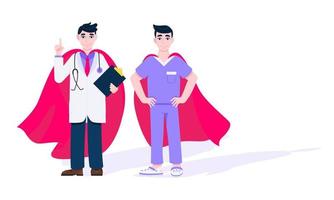 Two doctors with hero cape behind hospital medical employee fight against diseases and viruses on frontline flat style design vector illustration.