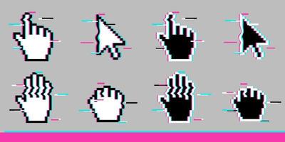 blanco y negro pixel glitch mouse mano y flecha icono de cursor conjunto de signos vector