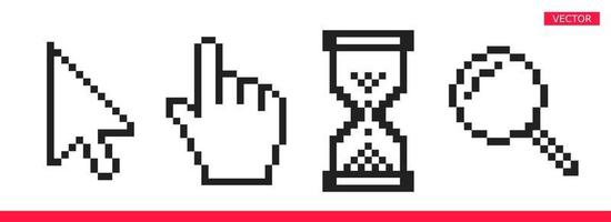 Black and white arrow, hand, magnifierand hourglass pixel mouse cursor icons vector illustration set