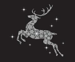 Reindeer Silhouette With Snowflake Pattern Isolated On A Black Background. Christmas Symbol Vector Illustration.