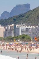 Copacabana Beach is on a typical hot day in Rio de Janeiro Brazil.