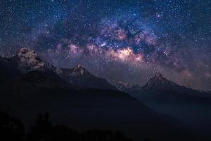 Nature landscape view of Himalayan mountain range with universe space of milky way galaxy and stars on night sky photo