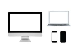 Smart computer laptop and smartphone with blank white screen isolated on white background. photo